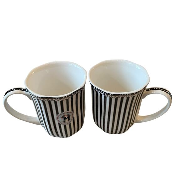 Grace Teaware Porcelain Coffee Mug Set of 2 Black & White Stripe Gold Accent New - Picture 4 of 16